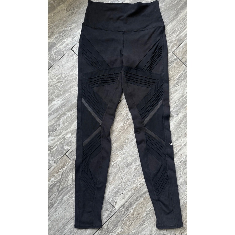 Alo Yoga Moto Leggings Womens XS Black High Rise Mesh Panel Moto Pants 0357